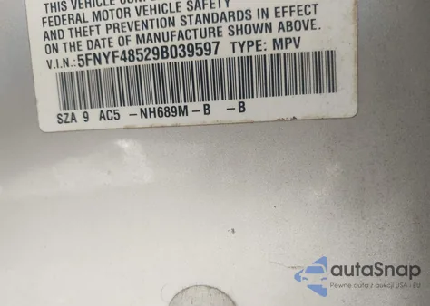 2009 Honda Pilot Exl z USA, uszkodzony, nr VIN 5FNYF48529B039597